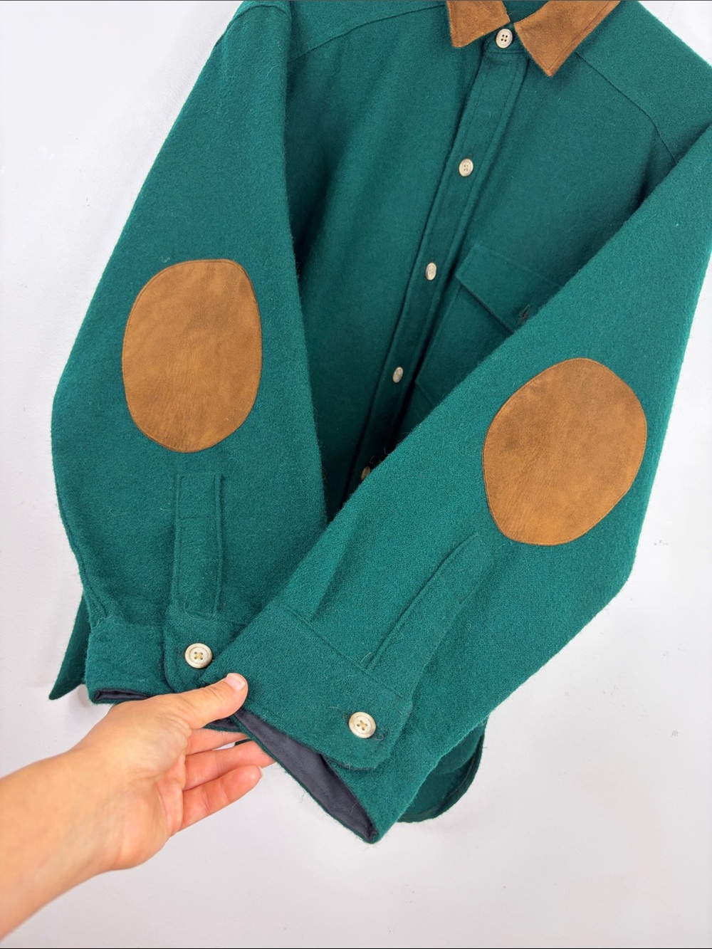 Woolrich Overshirt Mens XL Dark Green Wool Flannel Long Sleeve Elbow Patches - Picture 8 of 11